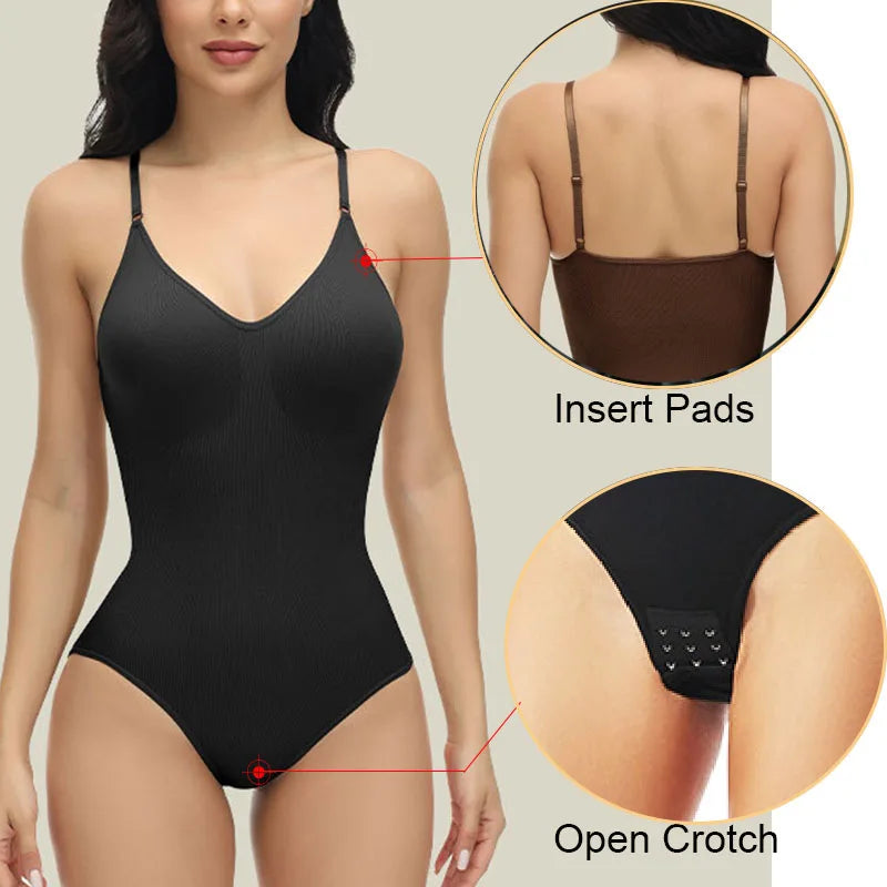 Super Sale V Neck Spaghetti Strap Bodysuit Compression Body Suits Open Crotch Shapewear Slimming Body Shaper Smooth Out Bodysuit